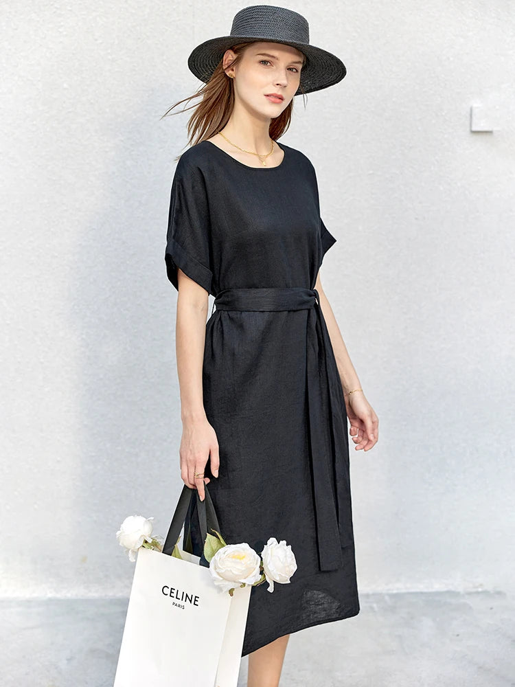 AMII Minimalist Women Dress 2023 Summer New 100% Linen Niche Fashion Artistic Temperament O-Neck Dresses Vestidos 12342278