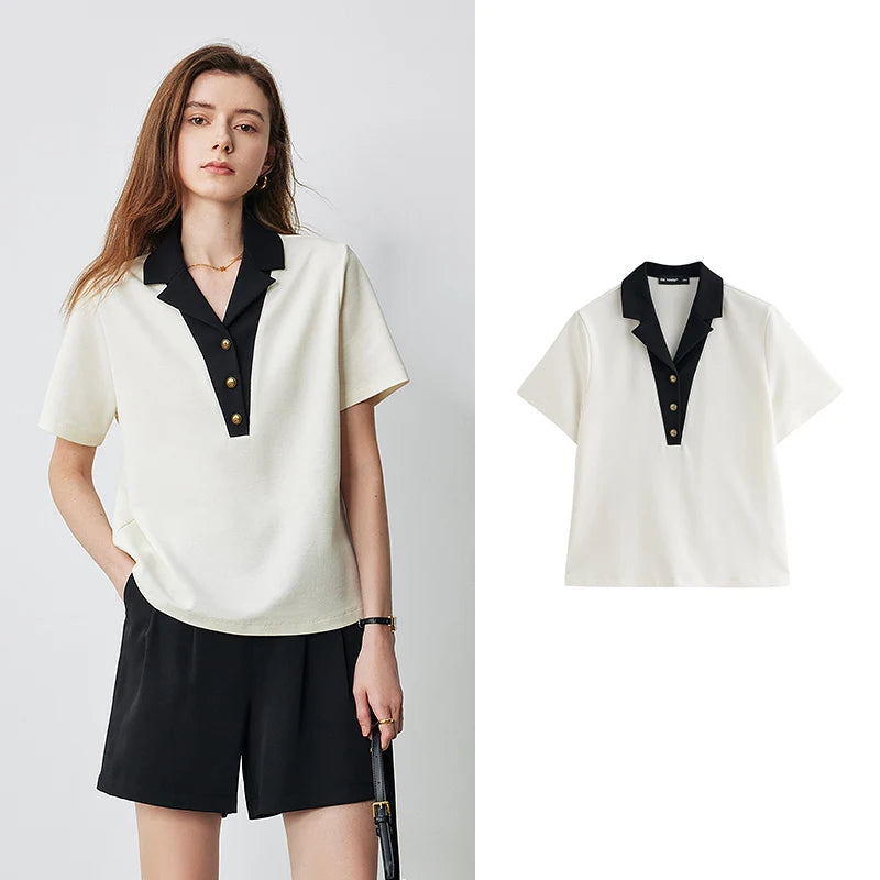 TOYOUTH Women Contrasting Colors POLO Collar T-shirt Summer New Short Sleeved Top