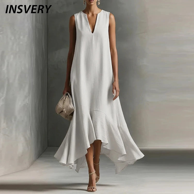 Fashion Women Sleeveless V Neck Long Dress Ruffle Hem Irregular Sundress Summer Casual Loose Beach Holiday Dress Boho