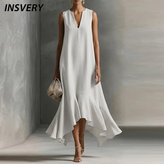 Fashion Women Sleeveless V Neck Long Dress Ruffle Hem Irregular Sundress Summer Casual Loose Beach Holiday Dress Boho