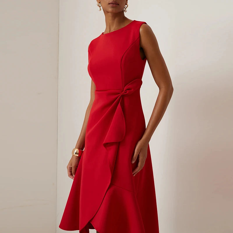 Vestidos Women Elegant O Neck Solid Commute Dress Spring Knot Slim Ruffle Irregular Dress Summer Sleeveless A-Line Party Dresses