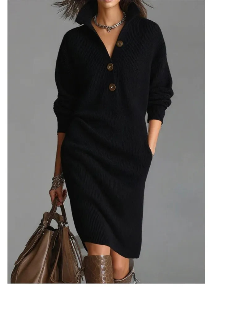 Autumn Fashion Knitted Button Lapel Women Dress Casual Loose Pocket Lazy Straight Over The Knee Long Sleeve Sweater FemaleDress