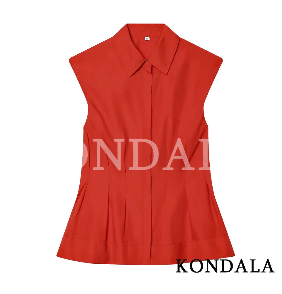 KONDALA Casual High Street Sleeveless Shirts Women Trendy Pleated Hem Shirts New 2026 Spring Summer Fashion Commute Vest Shirts
