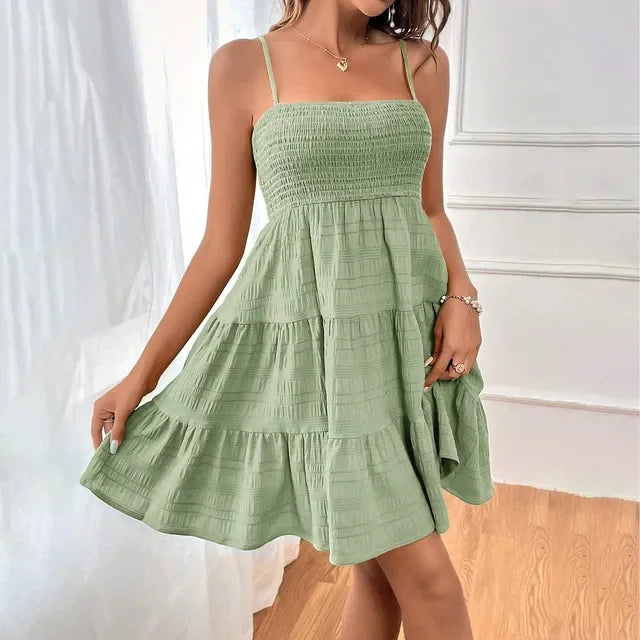 Bohemian Beach Sundress Women Sexy Sleeveless Backless Big Swing Mini Dress Solid Spaghetti Strap Ruffles Dress Summer Vestidos
