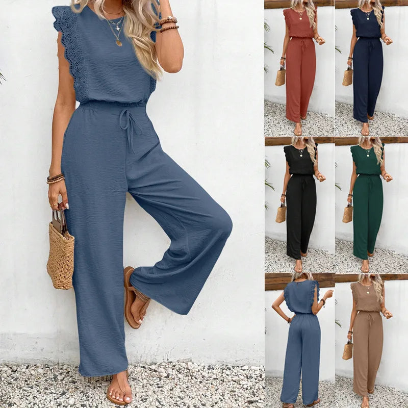 Summer New Women's Suit Sleeveless O-neck Top Elastic Waist Straight Pants Skinny Street 2-piece Set