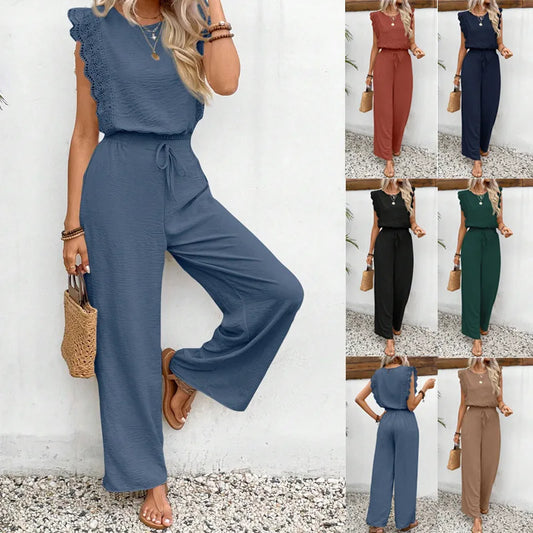 Summer New Women's Suit Sleeveless O-neck Top Elastic Waist Straight Pants Skinny Street 2-piece Set