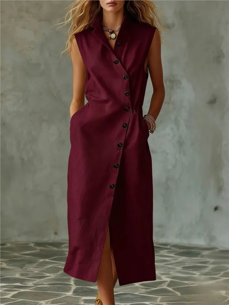 Women New Elegant Sundress Summer Single-breasted V Neck Sleeveless Long Dress Fashion Holiday Party Vestido Femme Casual Dress