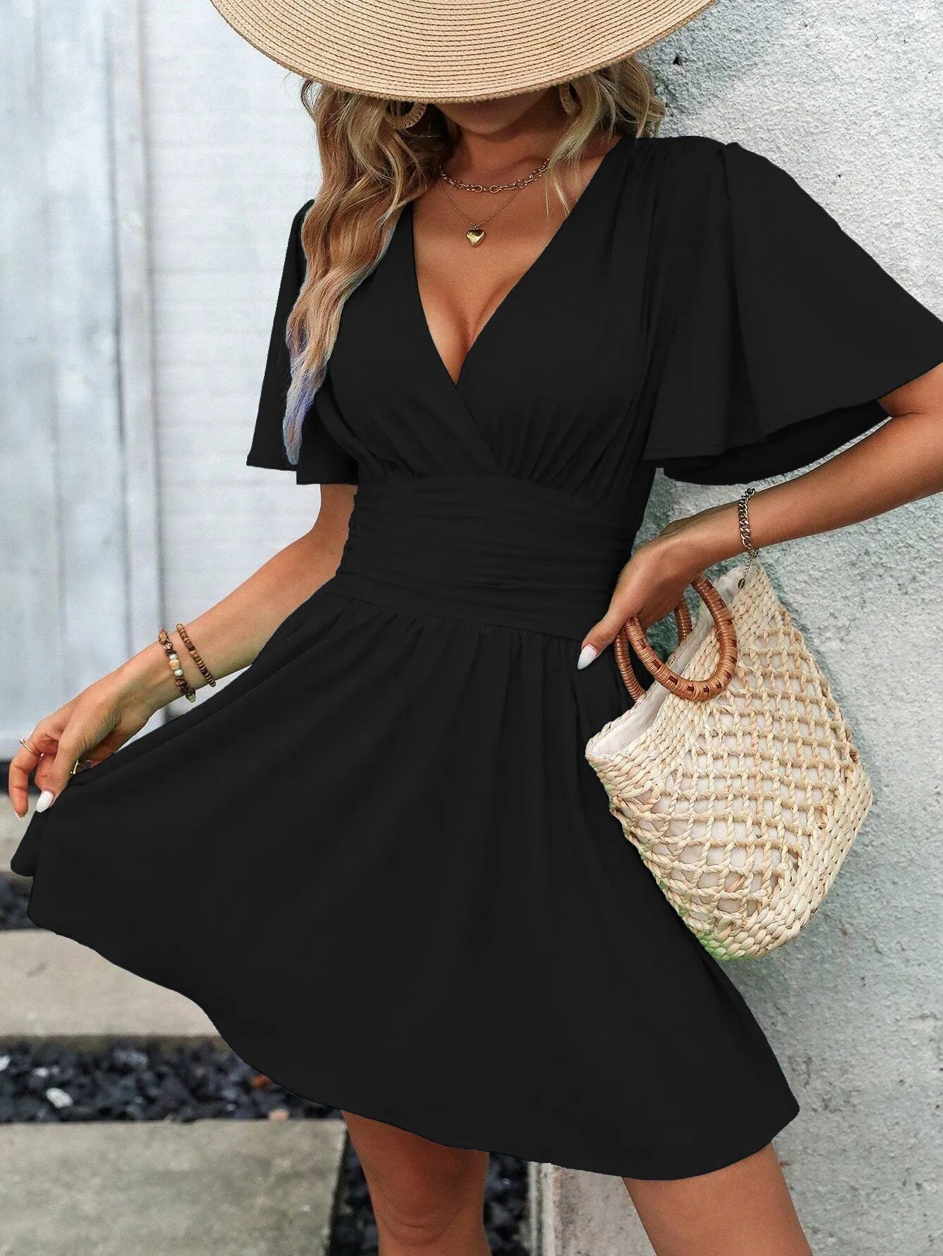 New Summer Deep V-Neck Smocked Ruffled Sleeves Bodycon Dress Women French Retro Style Solid Color Short Long Midi Maxi Dres