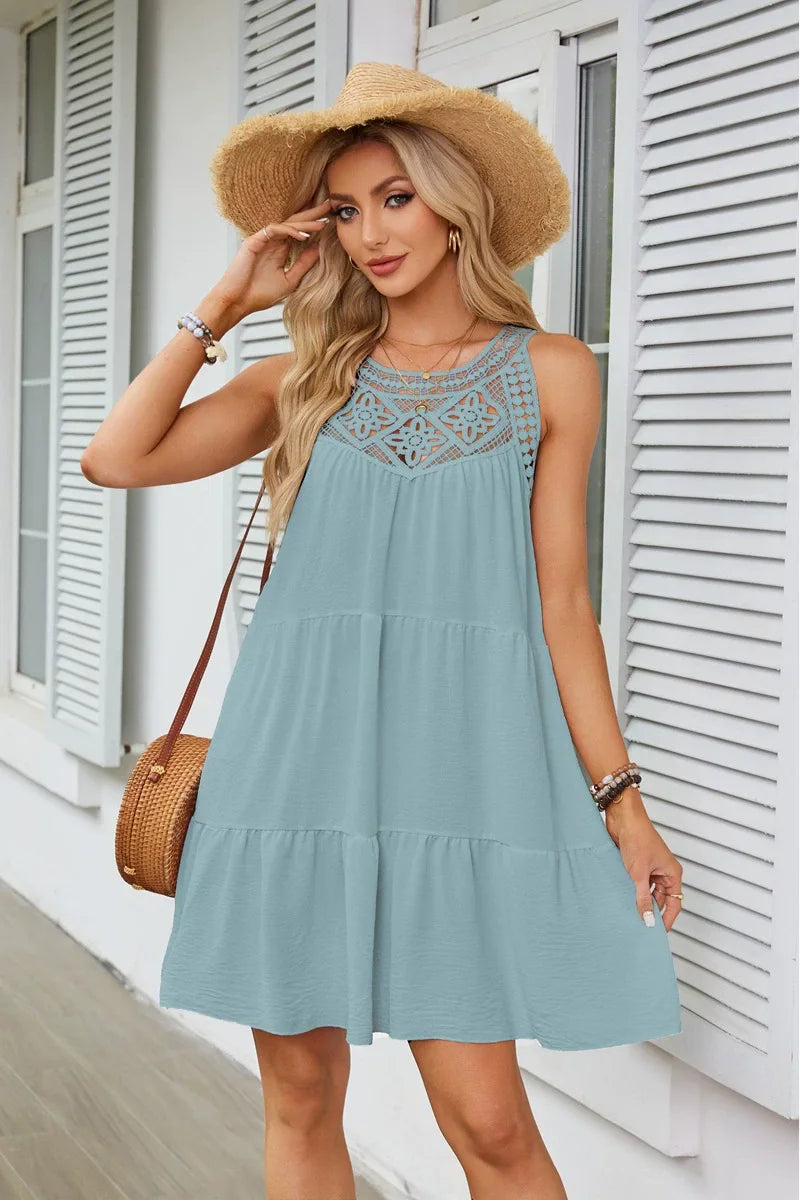 Women Summer Beach Mini Dresses Halter Sleeveless Sexy Loose A-Line Hollow Out Lace White Bohemia Dress Pleated Solid Sundress