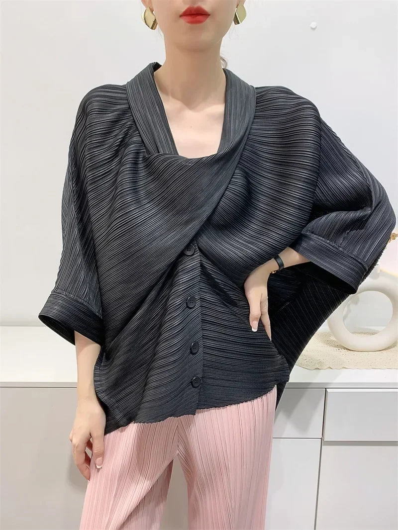 ALSEY Miyake Pleated Original Short Jacket for Women Spring Summer New Loose Casual Seven-minute Sleeve Scarf Collar Top