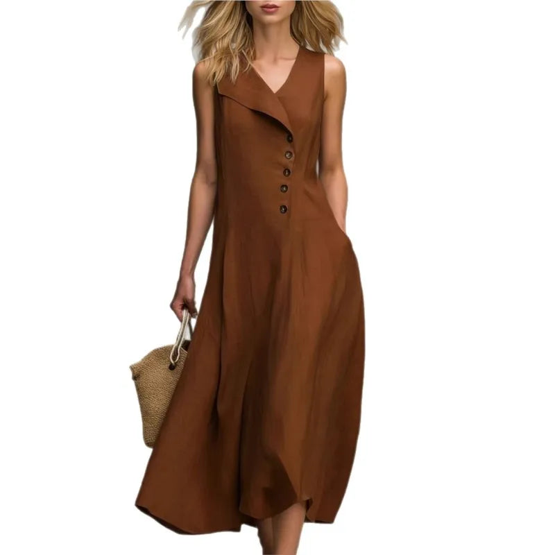 Women's Solid Color Lapel Buttons Maxi Dresses Summer With Pockets Sleeveless A-line Sundress Casual Loose Holiday Party Dress