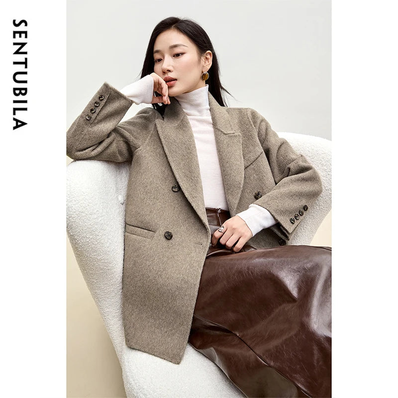 SENTUBILA Wool Blend Blazer Jacket Women 2025 Winter Warm Double Breasted Woolen Coat Woman Outerwear Female Clothing W44O56673