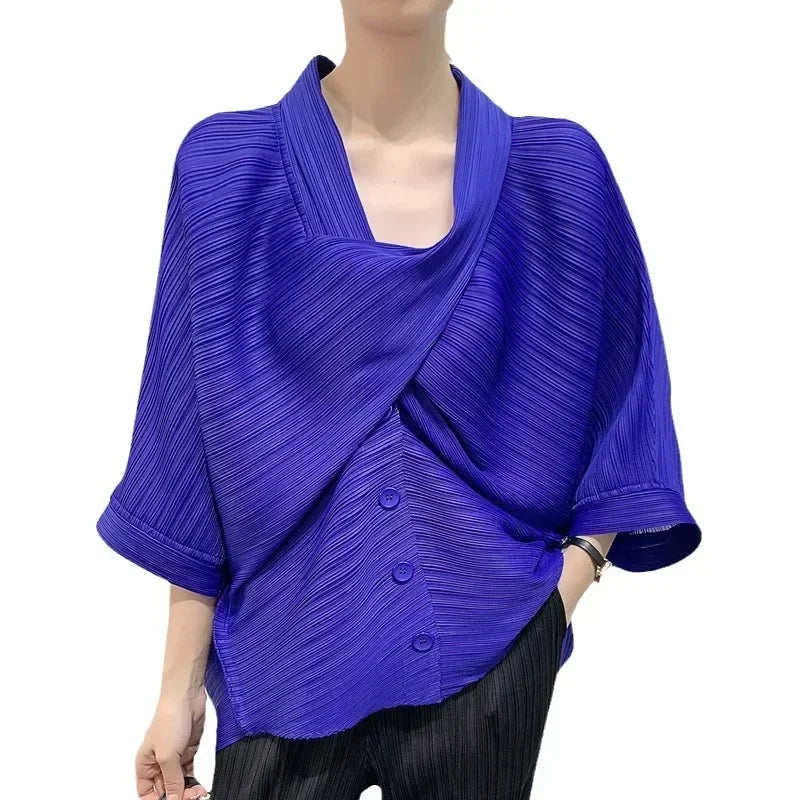 ALSEY Miyake Pleated Original Short Jacket for Women Spring Summer New Loose Casual Seven-minute Sleeve Scarf Collar Top