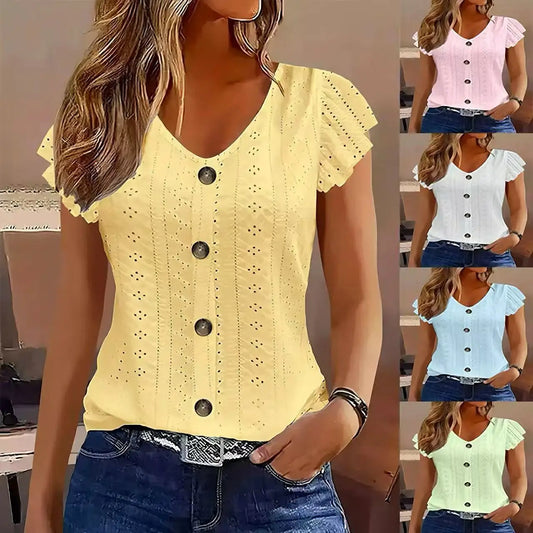 Spring/Summer new women's fashion stylish commute casual solid color multi-color ruffle sleeve V-neck T-shirt