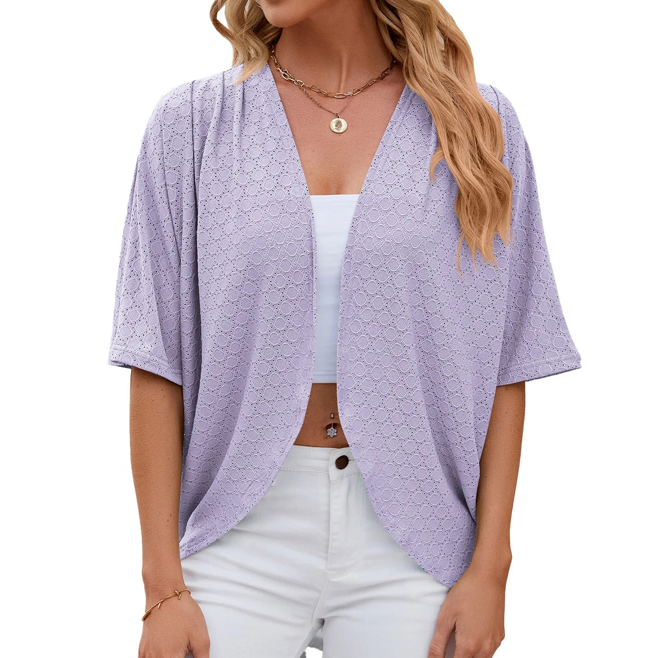 2026 New spring Summer Fashion Ladies Hollow Out Cardigan solid color circle short-sleeved casual loose top Women Outwear