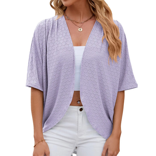 2026 New spring Summer Fashion Ladies Hollow Out Cardigan solid color circle short-sleeved casual loose top Women Outwear