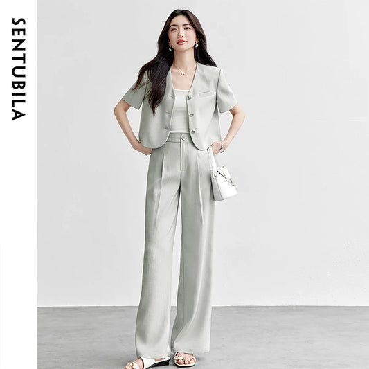 SENTUBILA 2026 Pant Sets 2 Pieces Set For Woman Pearl Metal Buckle Women's Summer Suit Wrinkle-Resistant Blazer Outfit 152ZA0061