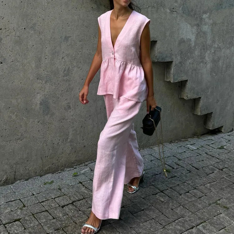 2 pieces women sets 2026 Cotton V-neck sleeveless top vest+long pants new solid color two-piece sets women's clothing