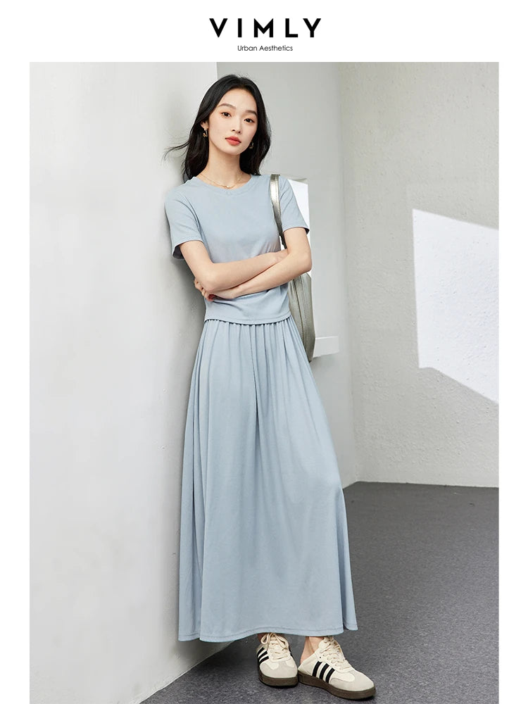 VIMLY Summer Sporty Casual Set Soft Air Cotton Short Sleeve Top Elastic Waist Loose Skirt Two Piece Solid Women Set Skirt M7669