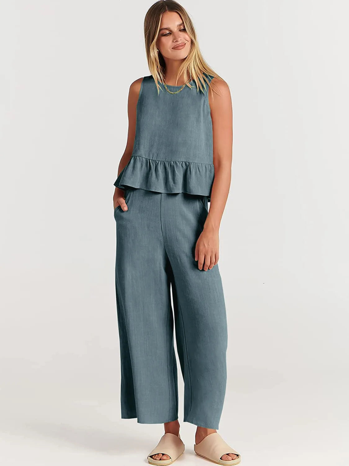 Women's New Summer Suit Solid Color Casual Sleeveless Pleated Round Neck Vest Button Wide Leg Nine-point Pants Two-piece Set