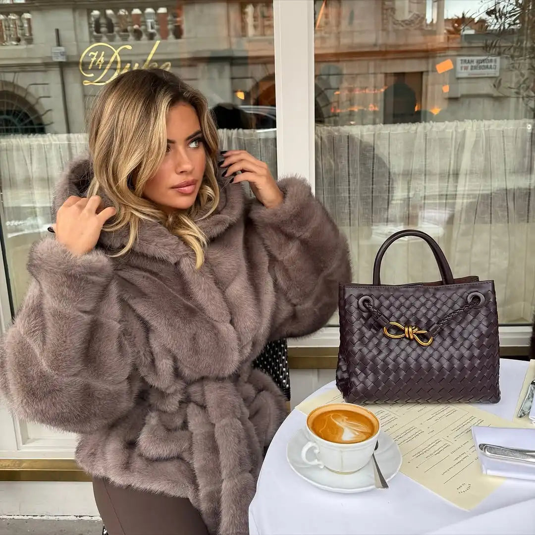 Luxury Hooded Lace Up Faux Fur Coat Women Elegant V-neck Long-sleeved Loose Warm Jacket Lady Winter Daily High Street Outerwear