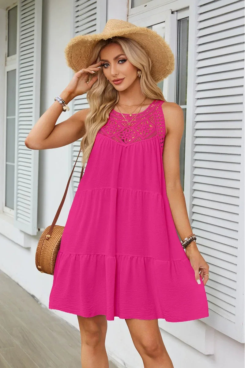 Women Summer Beach Mini Dresses Halter Sleeveless Sexy Loose A-Line Hollow Out Lace White Bohemia Dress Pleated Solid Sundress