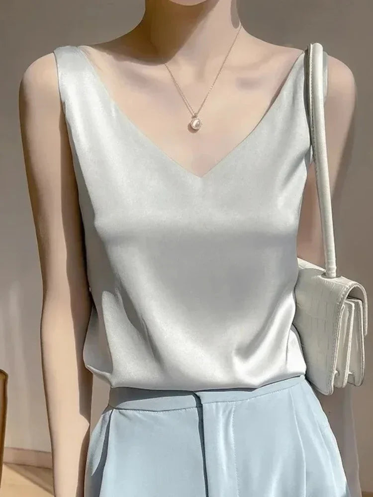 V-Neck Silk Vest Women's Summer Sleeveless Blouse With Acetic Acid Satin Top Sleeveless Bottoming Shirt