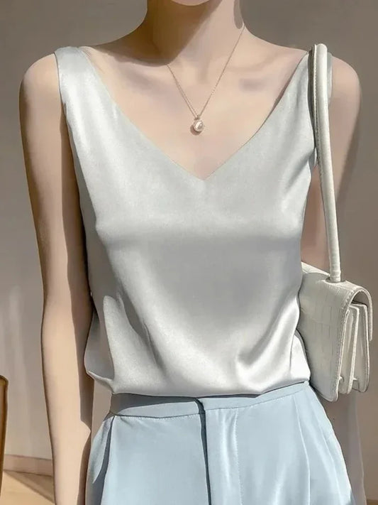 V-Neck Silk Vest Women's Summer Sleeveless Blouse With Acetic Acid Satin Top Sleeveless Bottoming Shirt