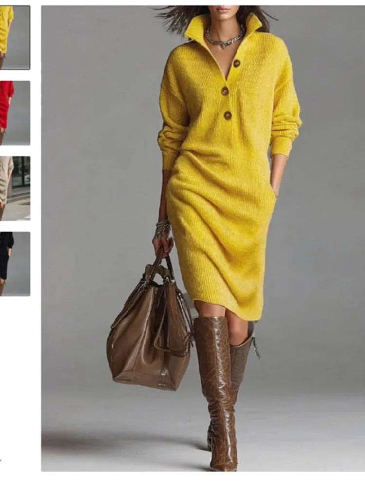 Autumn Fashion Knitted Button Lapel Women Dress Casual Loose Pocket Lazy Straight Over The Knee Long Sleeve Sweater FemaleDress