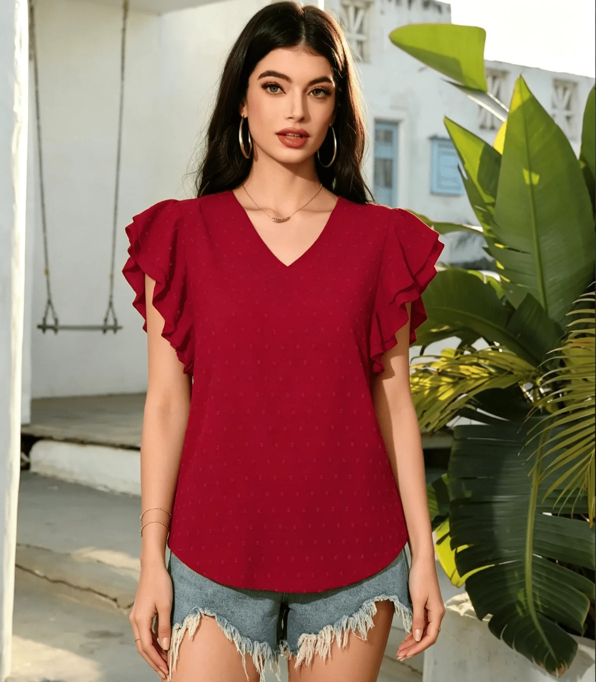 Women's V Neck Ruffle Sleeve Blouse Swiss Dot Loose Short Sleeve Summer Casual Tops