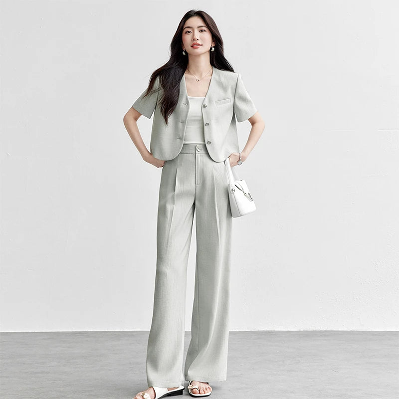 SENTUBILA 2026 Pant Sets 2 Pieces Set For Woman Pearl Metal Buckle Women's Summer Suit Wrinkle-Resistant Blazer Outfit 152ZA0061
