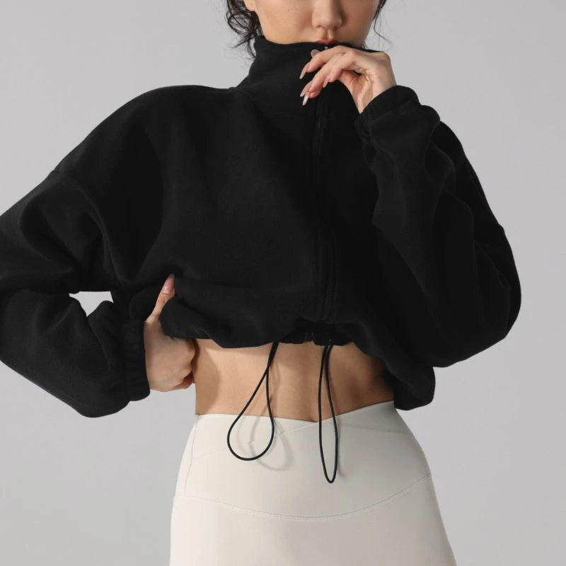 New Autumn Winter Clothes Warm High Waist Casual Sports Yoga Coat Fleece Fitness Short Jacket Slim Lady Zip Up Sweatshirt Women