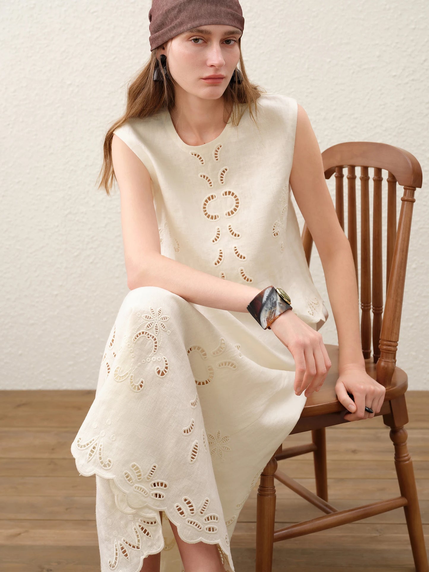FSLE【Premium Series】Summer Women Linen Two Piece Set Cut-Out Embroidered Sleeveless Top Midi Skirt Boho Beach Vacation Style