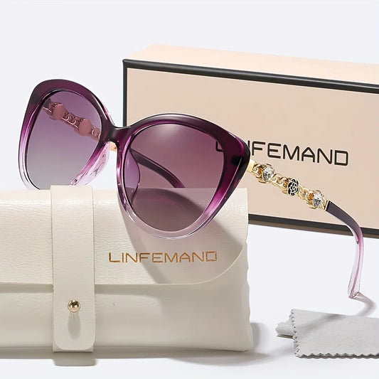 LINFEMAND Cat's Eye Unique Flower Water Diamond Decorative Sunglasses UV400 Women's Party Dinner Trendy Accessories Holiday Gift