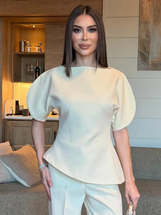 SLTNX Women's Elegant Vintage Short Puff Sleeve O-Neck Asymmetrical Hem Blouse - 2026 Spring Summer Y2K Streetwear Top
