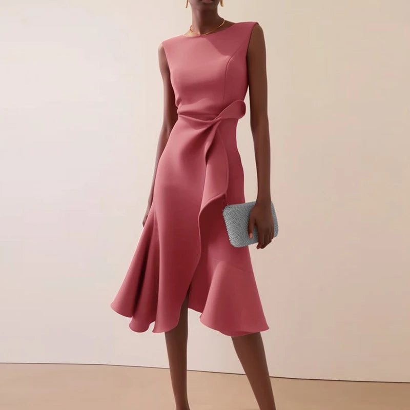 Vestidos Women Elegant O Neck Solid Commute Dress Spring Knot Slim Ruffle Irregular Dress Summer Sleeveless A-Line Party Dresses