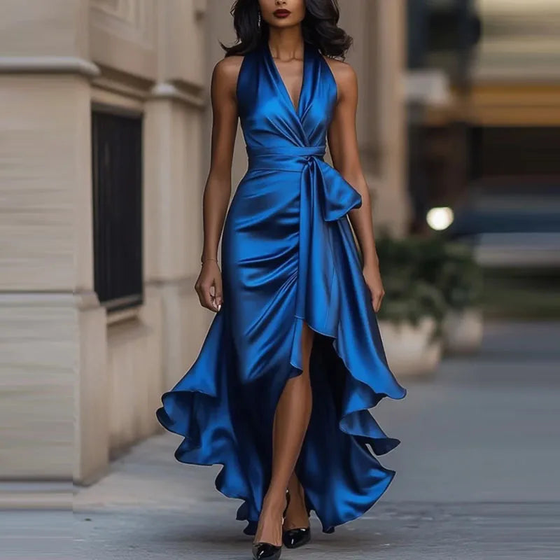 Temperament V-neck Irregular Satin Evening Dress Sexy Slim Solid Color Pleat Dress Summer New Lace Up Off Shoulder Banquet Dress