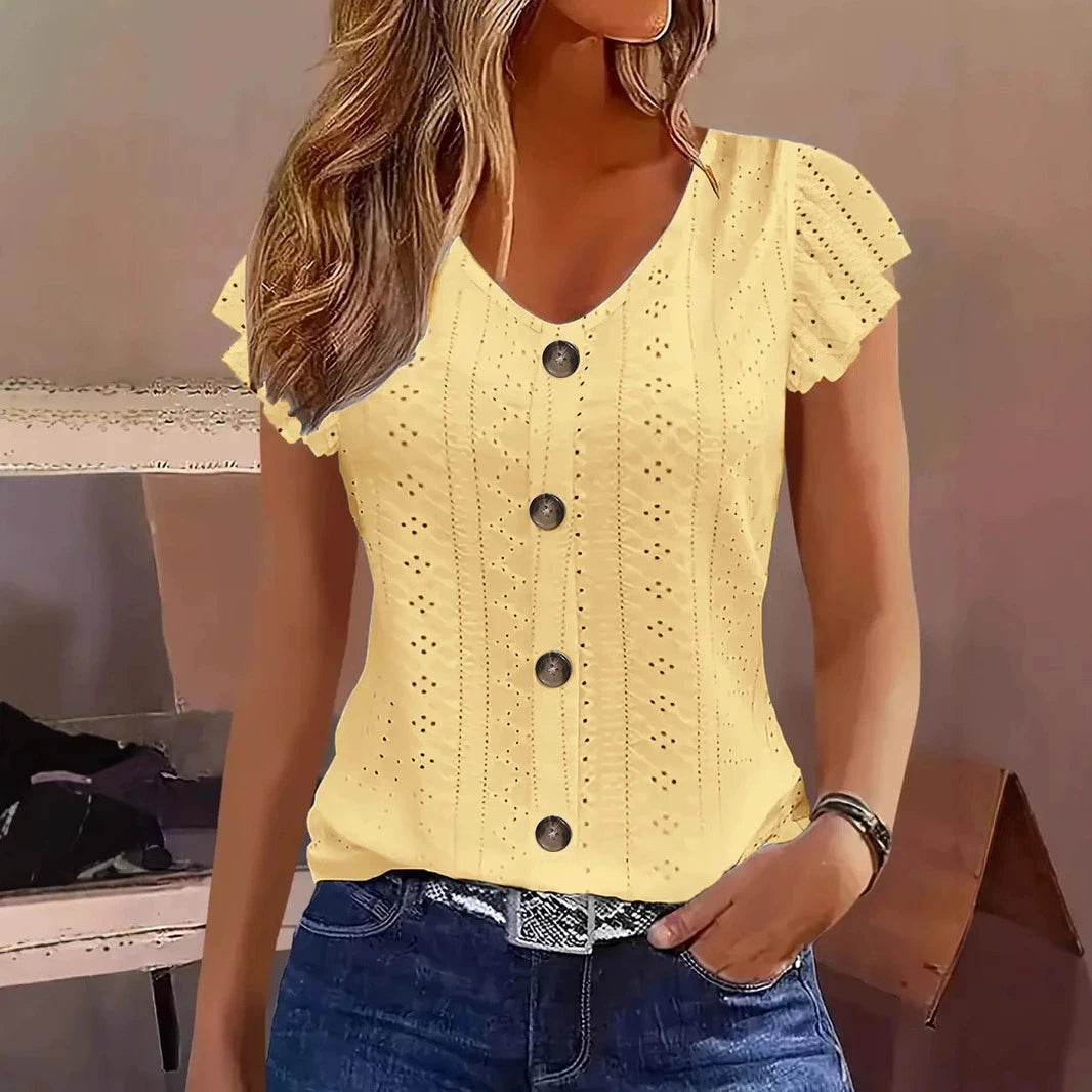 Spring/Summer new women's fashion stylish commute casual solid color multi-color ruffle sleeve V-neck T-shirt