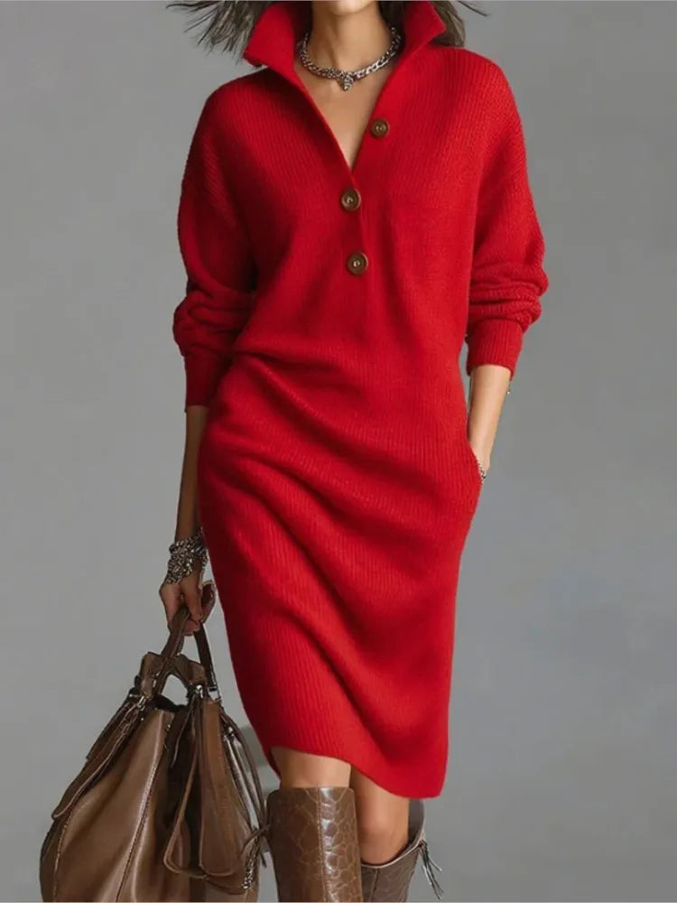 Autumn Fashion Knitted Button Lapel Women Dress Casual Loose Pocket Lazy Straight Over The Knee Long Sleeve Sweater FemaleDress