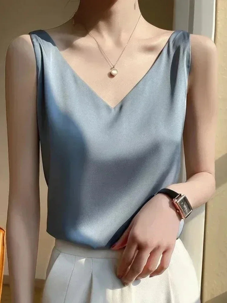 V-Neck Silk Vest Women's Summer Sleeveless Blouse With Acetic Acid Satin Top Sleeveless Bottoming Shirt