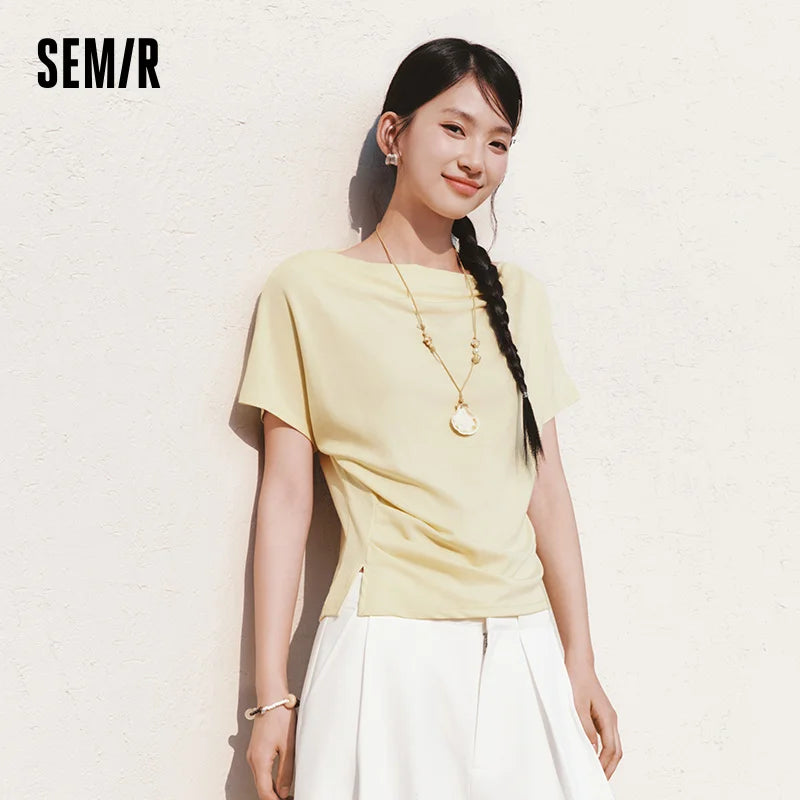 Semir Womens Tshirt 2026 Short Style Draped Neck Slit Ruched Slim Raglan Sleeve Casual Fashion