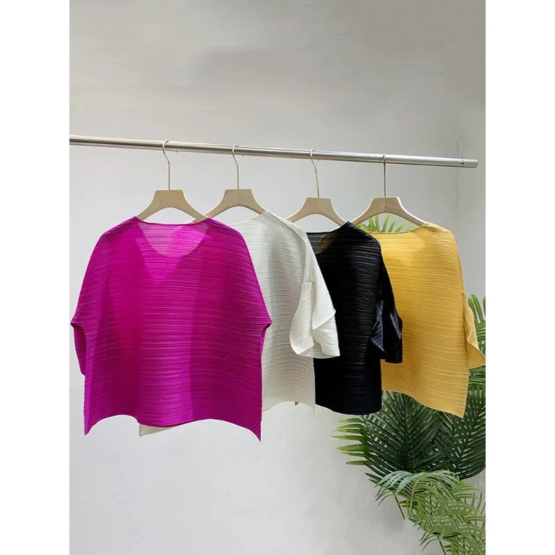 YUDX Pleated T-shirt For Women O-neck Flare Sleeves Solid Color Casual Tops Versatile Summer New Clothing
