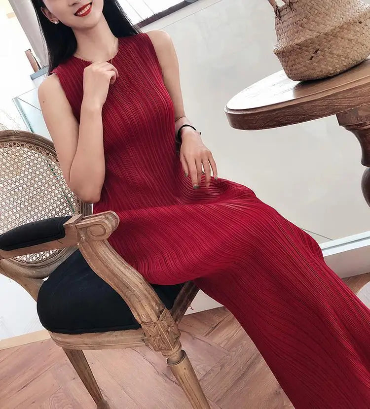 Miyake Pleated Dress Spring Summer Fashion Women Sleeveless Vest Dress High  Elastic Slim Long Vestidos Female Strap Dresses