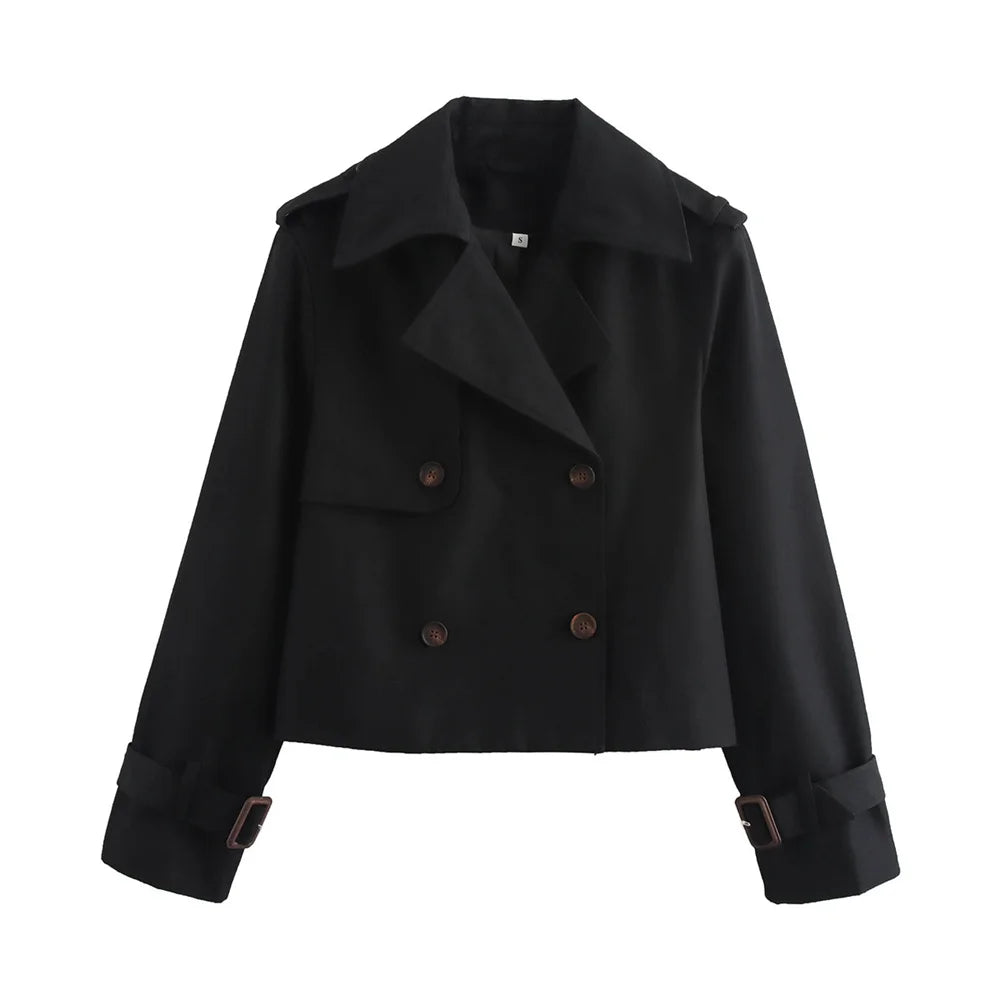 Ladies Vintage Cropped Trench Spring Autumn Jacket Women Streetwear Double Breasted Long Sleeve Top Female Chic Coat Outfits