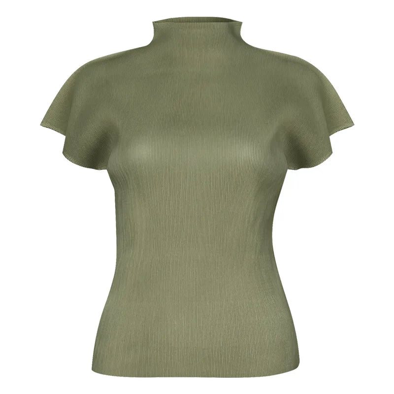 Miyake Summer New Minimalist Semi High Neck Slim Fit T-shirt  Versatile Small Top Women's Vest Clothing Feminist