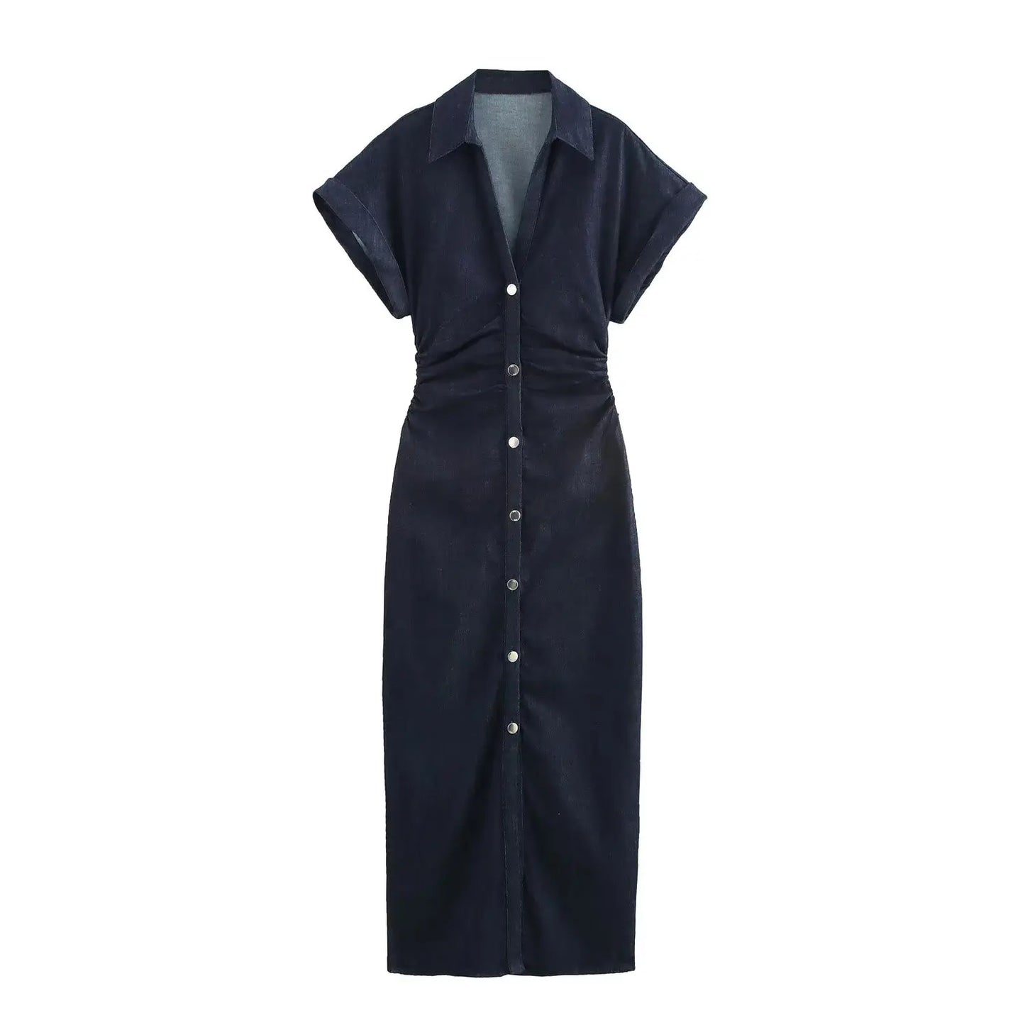 ETJ Spring New series denim MIDI dress with lapel side zipper fashion wrinkle waist slim elegant dress