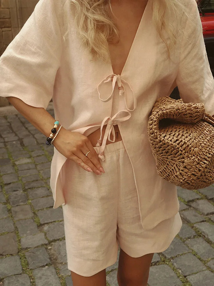 Elegant Lace Patchwork V Neck Vests High Waist Shorts Fashion Cotton and Linen Shorts Set for Women 2026 Summer Chic 2 Pcs Suit