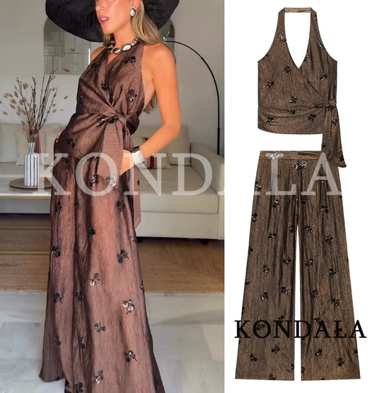 Women Elegant Bead Embroidered Pants Set KONDALA 2026 Summer Trendy Halter Vest,Wide-Leg Pants Lady High Street Holiday Pant Set