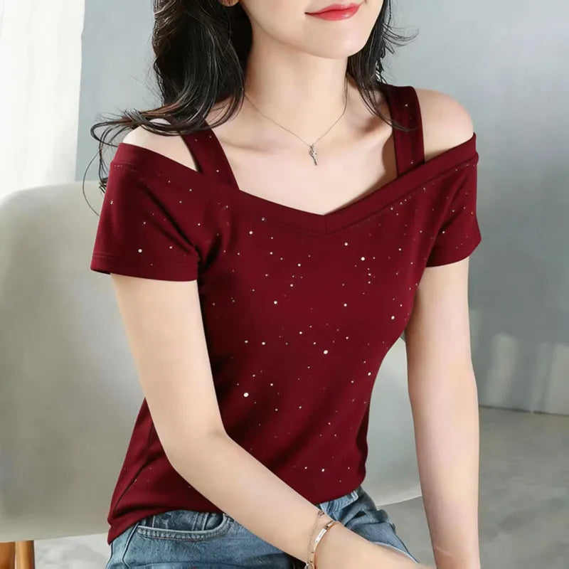 Womens Purple Cold Shoulder T-Shirt V Neck Double Strap Sparkle Dot Print Short Sleeve Slim Fit Casual Summer Top for Daily Wear