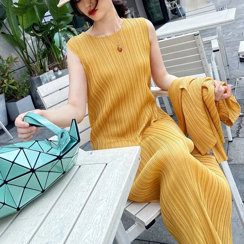 Miyake Pleated Dress Spring Summer Fashion Women Sleeveless Vest Dress High  Elastic Slim Long Vestidos Female Strap Dresses